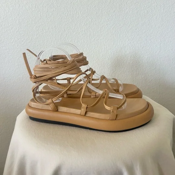 KHAITE Alba Leather Wraparound Platform Sandals in Tan - Picture 8 of 14